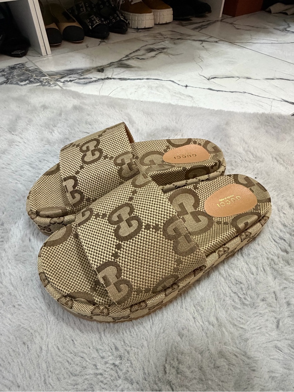 Gucci Brown/Beige GG Canvas Slide Mules - Picture 2 of 4